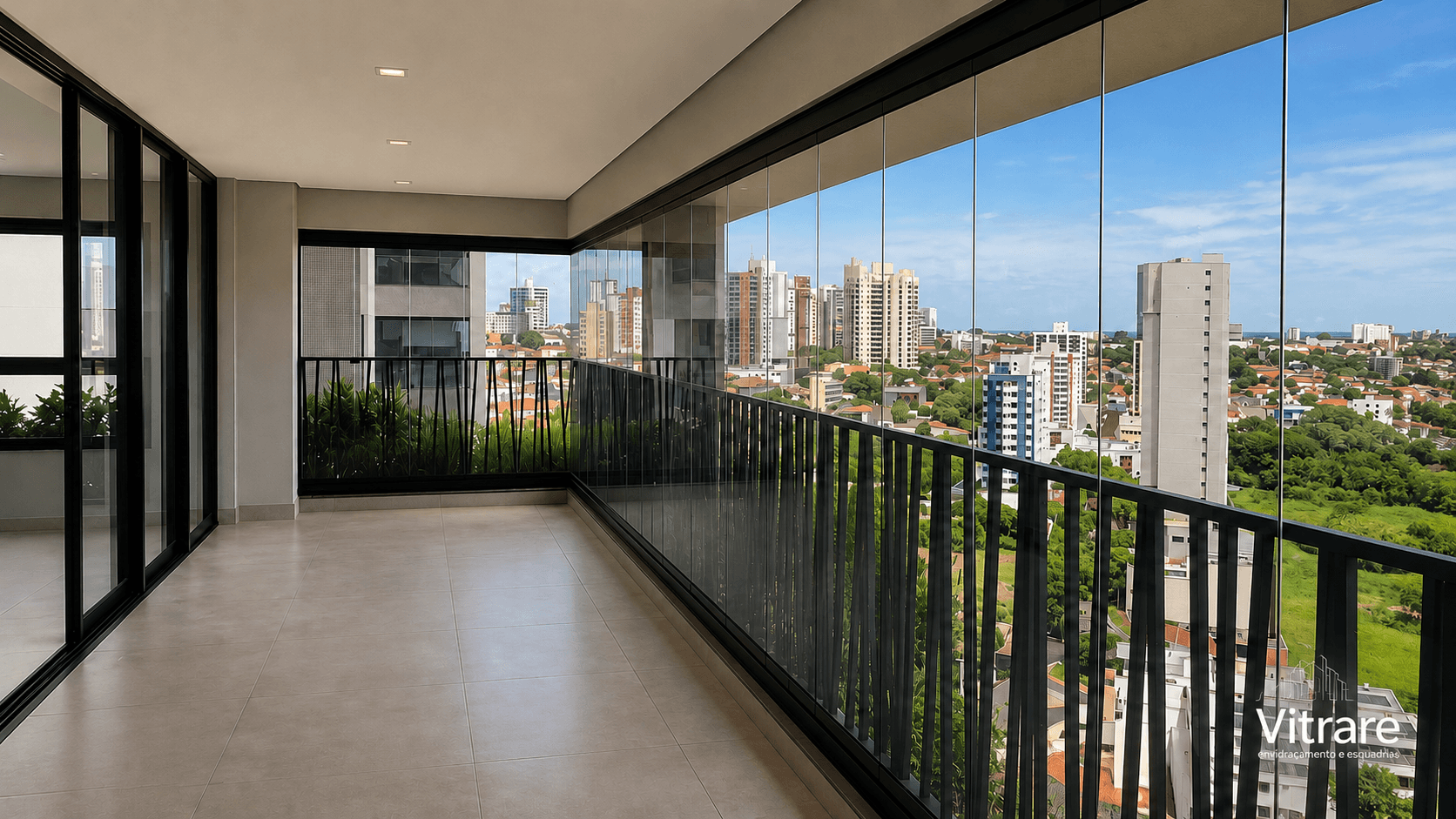 Sacada envidraçada com vista urbana e acabamento premium